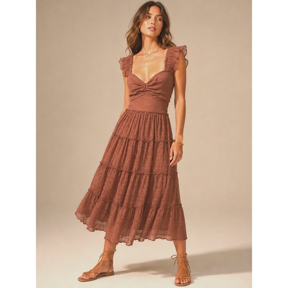 Max Studio Dresses & Skirts - Max Studio London Tiered Midi Dress Ruffle Strap Ruched Bust Brown Women's L NWT